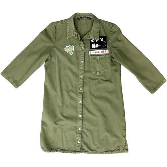 Zara Olive Green Patches Denim Button Down 3/4 Sleeve Shirt Dress sz S Trafaluc - Picture 3 of 13